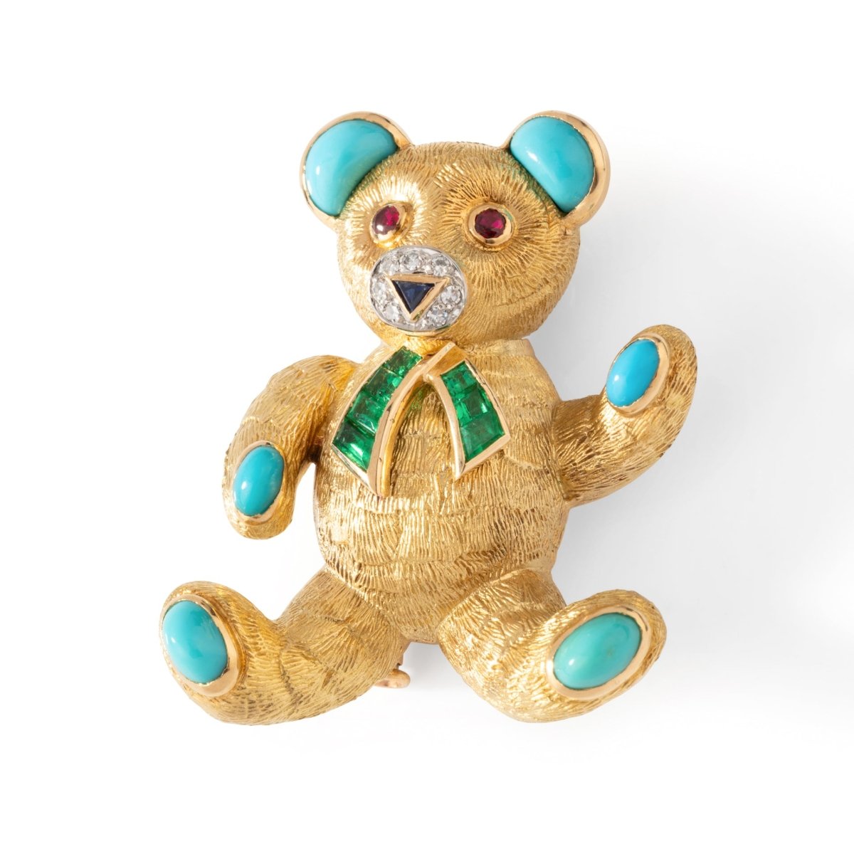 Broche Clip BOUCHERON Ours en or jaune, saphir, rubis, émeraudes, turquoises et diamants - Castafiore