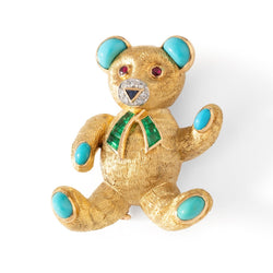 Broche Clip BOUCHERON Ours en or jaune, saphir, rubis, émeraudes, turquoises et diamants - Castafiore