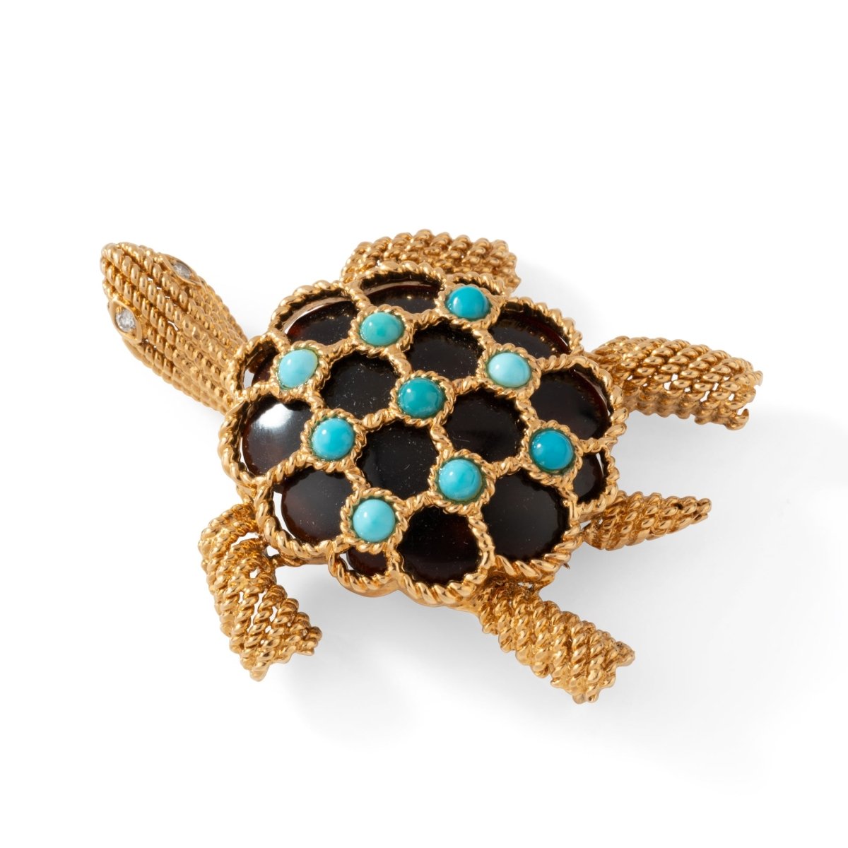 Broche Clip BOUCHERON Tortue en or jaune, turquoises et diamants