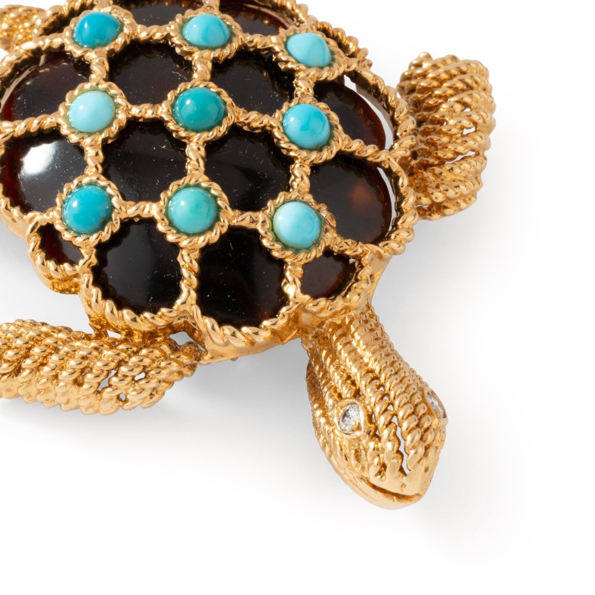 Broche Clip BOUCHERON Tortue en or jaune, turquoises et diamants