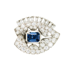 Broche Clip CARTIER en platine, saphir et diamants - Castafiore