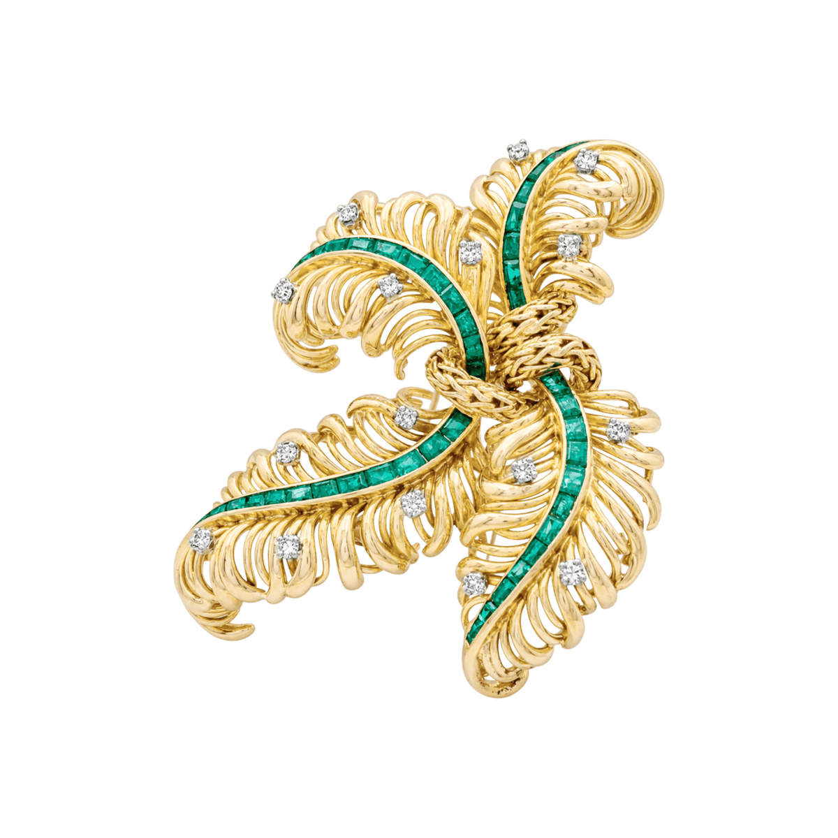 Broche Clip CHAUMET "Panache" en or jaune, émeraudes et diamants - Castafiore