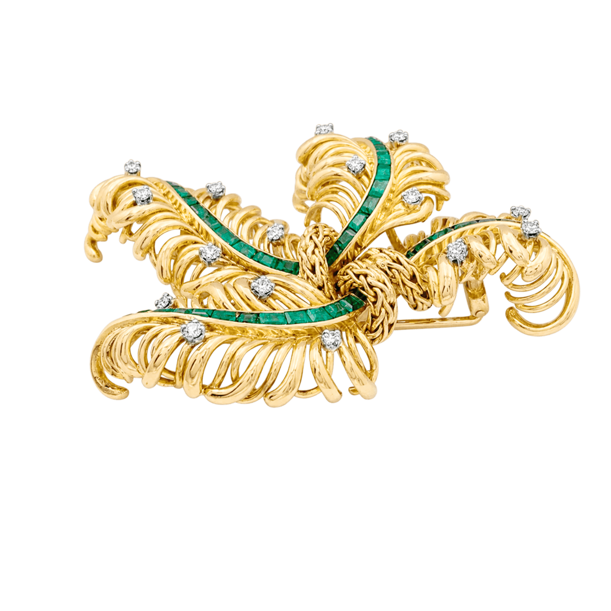 Broche Clip CHAUMET "Panache" en or jaune, émeraudes et diamants - Castafiore