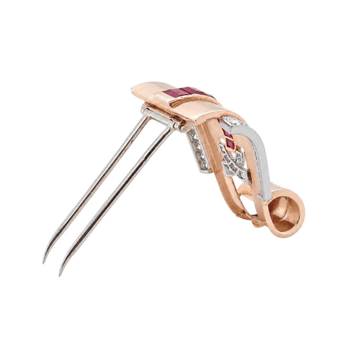 Broche Clip en or blanc, or rose, rubis et diamants - Castafiore