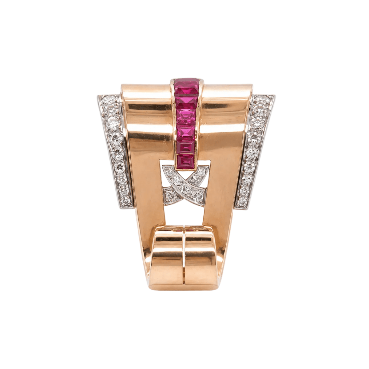 Broche Clip en or blanc, or rose, rubis et diamants - Castafiore
