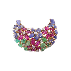 Broche Clip en or jaune, platine, saphirs, rubis, émeraudes et diamants - Castafiore