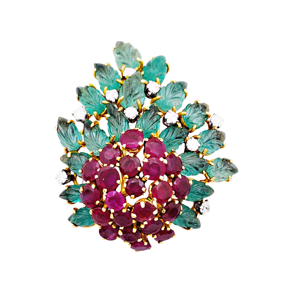 Broche Clip en or jaune, rubis, émeraudes et diamants - Castafiore