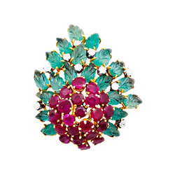 Broche Clip en or jaune, rubis, émeraudes et diamants - Castafiore