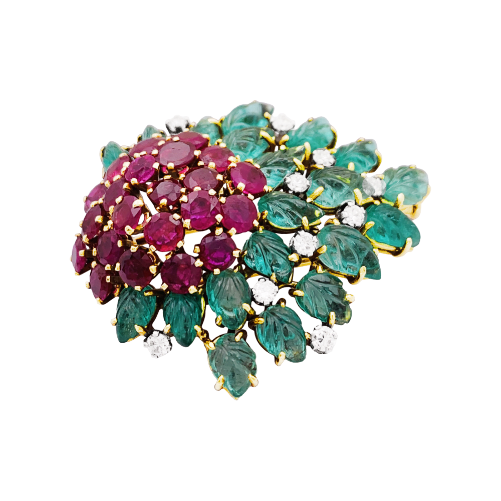Broche Clip en or jaune, rubis, émeraudes et diamants - Castafiore