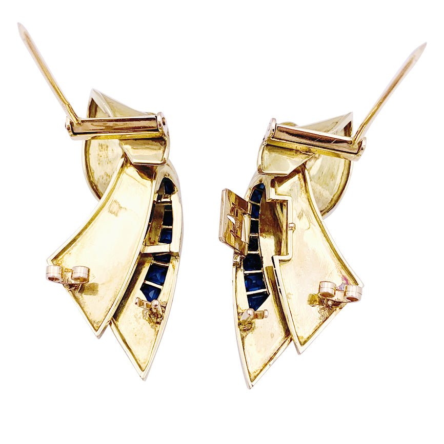 Broche Clip en or rose et pierres bleues. - Castafiore