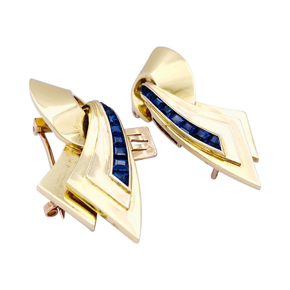 Broche Clip en or rose et pierres bleues. - Castafiore