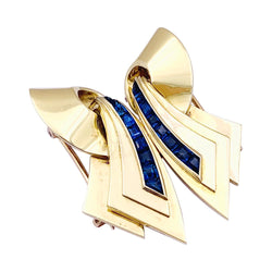 Broche Clip en or rose et pierres bleues. - Castafiore