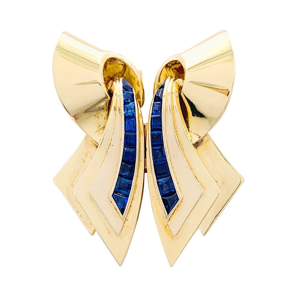 Broche Clip en or rose et pierres bleues. - Castafiore