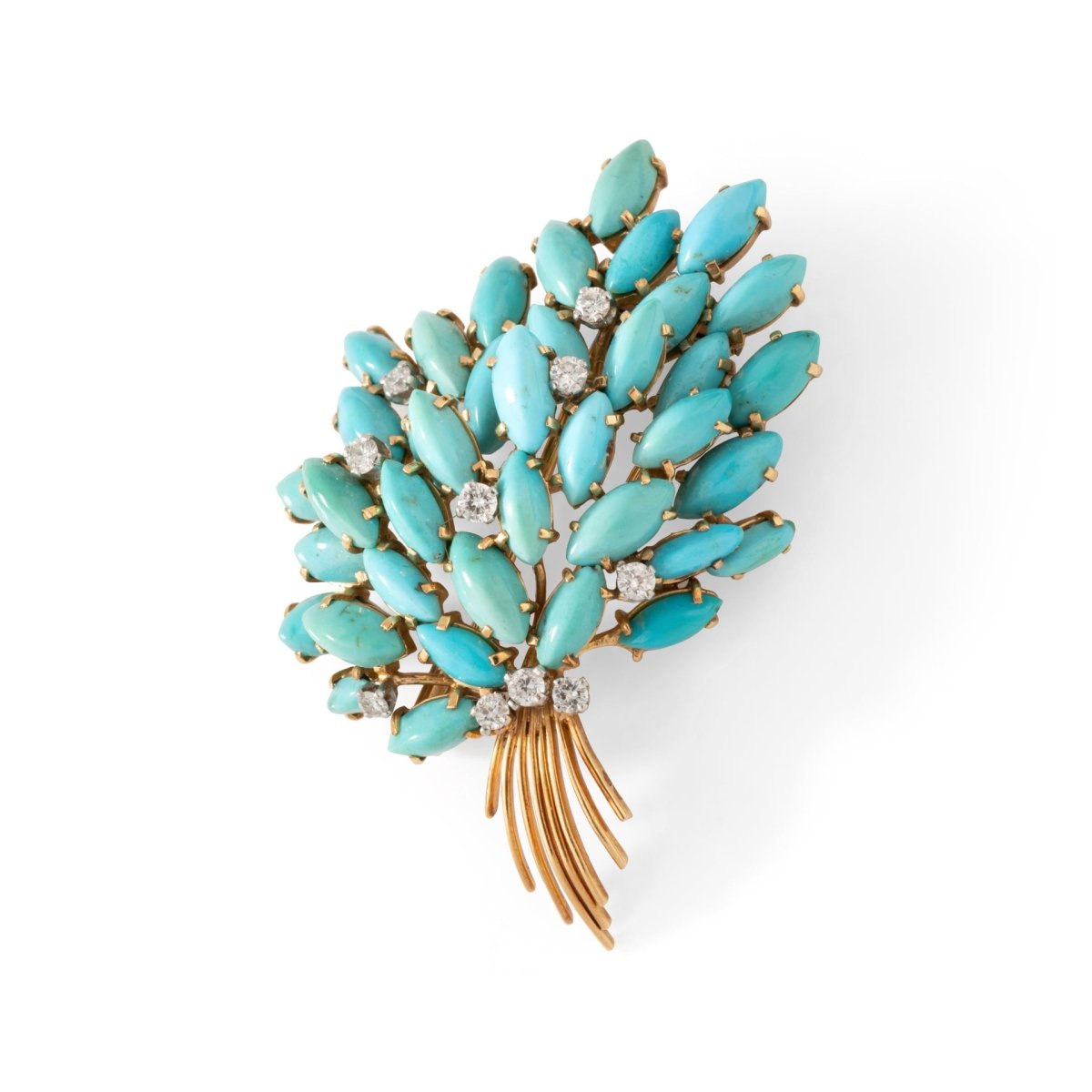 Broche Clip Feuillage en or jaune, turquoises et diamants - Castafiore
