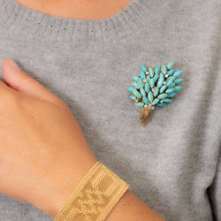 Broche Clip Feuillage en or jaune, turquoises et diamants - Castafiore