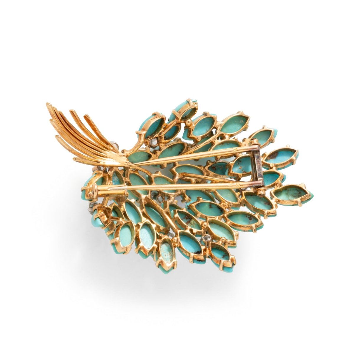 Broche Clip Feuillage en or jaune, turquoises et diamants - Castafiore