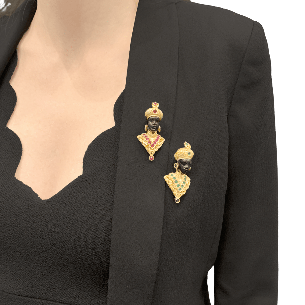 Broche Clip G.NARDI Moretto en or jaune, émeraudes et ébène - Castafiore