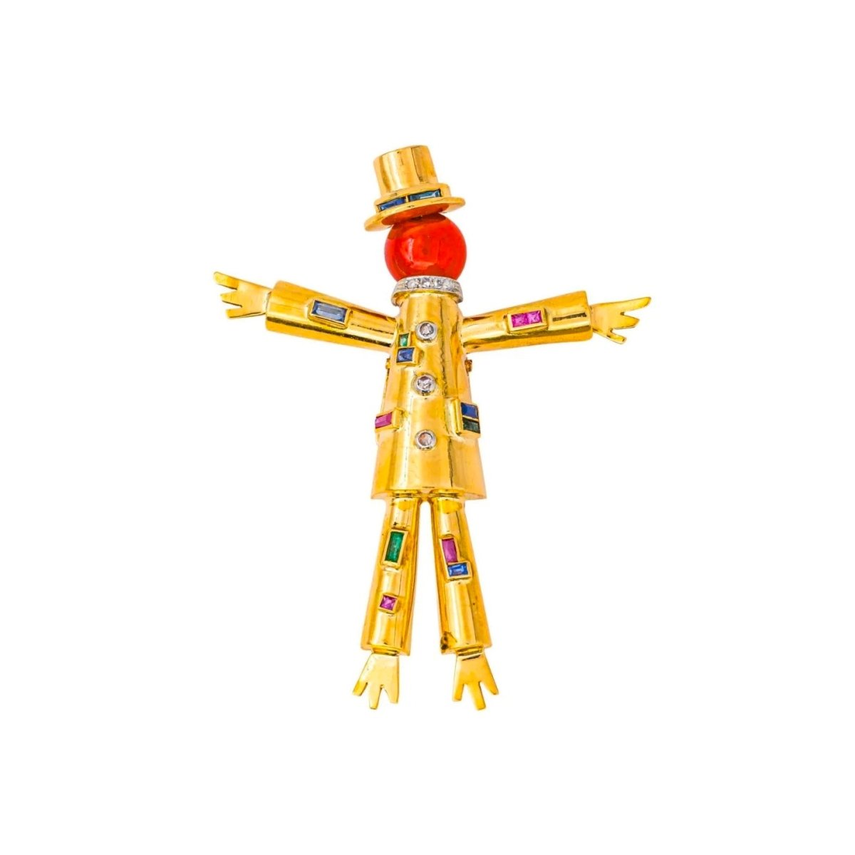 Broche Clip LACLOCHE "Épouvantail" en or jaune, platine, cornaline, saphirs, rubis, émeraudes et diamants - Castafiore