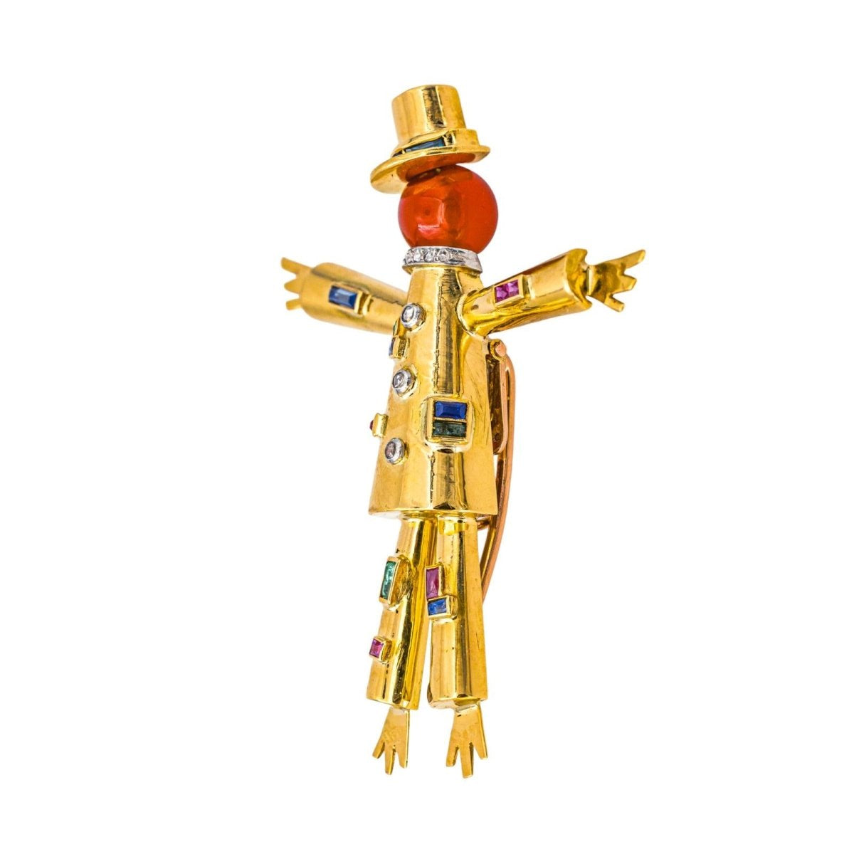 Broche Clip LAROCHE "Épouvantail" en or jaune, platine, cornaline, saphirs, rubis, émeraudes et diamants - Castafiore