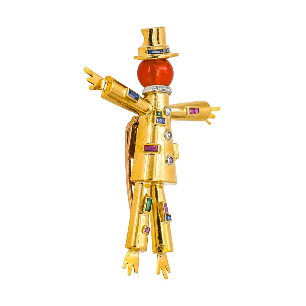 Broche Clip LAROCHE "Épouvantail" en or jaune, platine, cornaline, saphirs, rubis, émeraudes et diamants - Castafiore