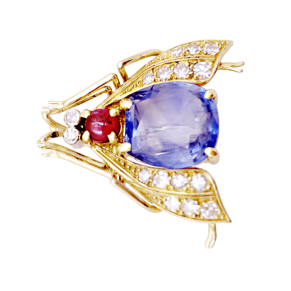 Broche Clip VAN CLEEF & ARPELS "Abeille" en or jaune, platine, saphir, rubis et diamants - Castafiore