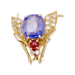 Broche Clip VAN CLEEF & ARPELS "Abeille" en or jaune, platine, saphir, rubis et diamants - Castafiore