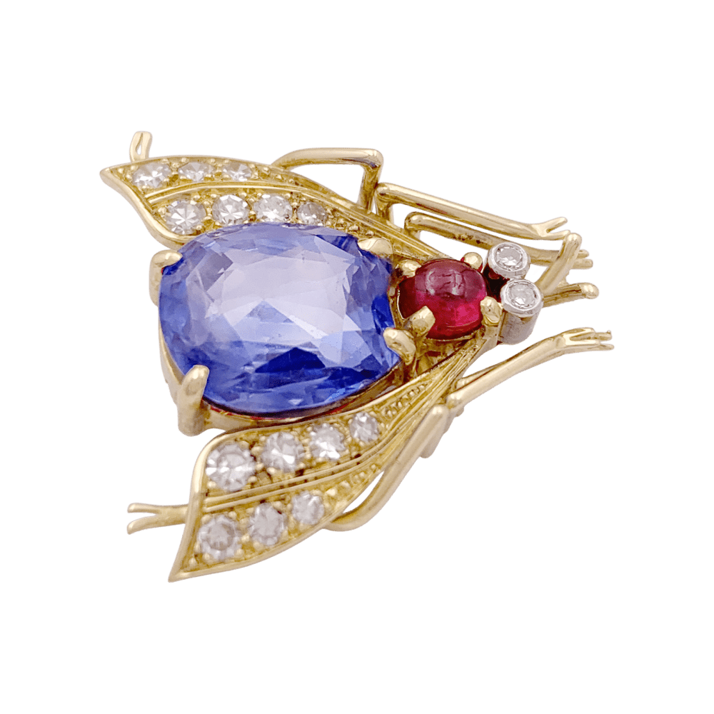 Broche Clip VAN CLEEF & ARPELS "Abeille" en or jaune, platine, saphir, rubis et diamants - Castafiore