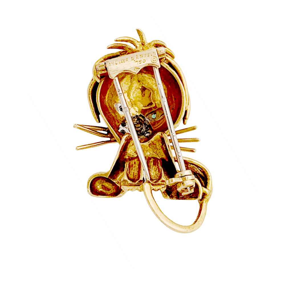 Broche Clip VAN CLEEF & ARPELS "Lion Ébouriffé" en or jaune, or blanc, émail, émeraudes et diamants - Castafiore