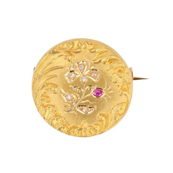 Broche décor floral en or jaune rubis diamants - Castafiore