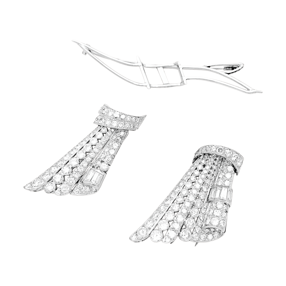 Broche Double-Clip en or blanc, platine et diamants - Castafiore