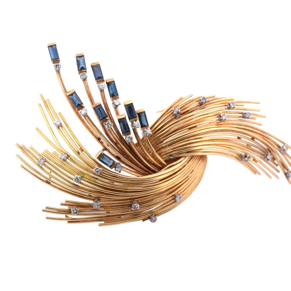 Broche Double Épingle en or jaune, saphirs et diamants - Castafiore