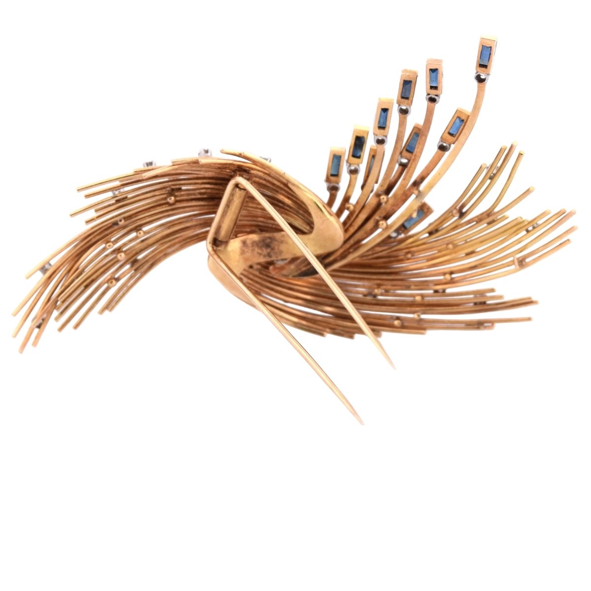 Broche Double Épingle en or jaune, saphirs et diamants - Castafiore