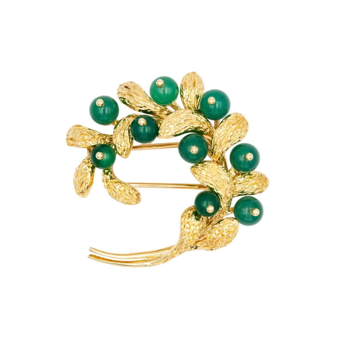Broche Double Épingle VAN CLEEF & APRELS "Gui" en or jaune et chrysoprases - Castafiore