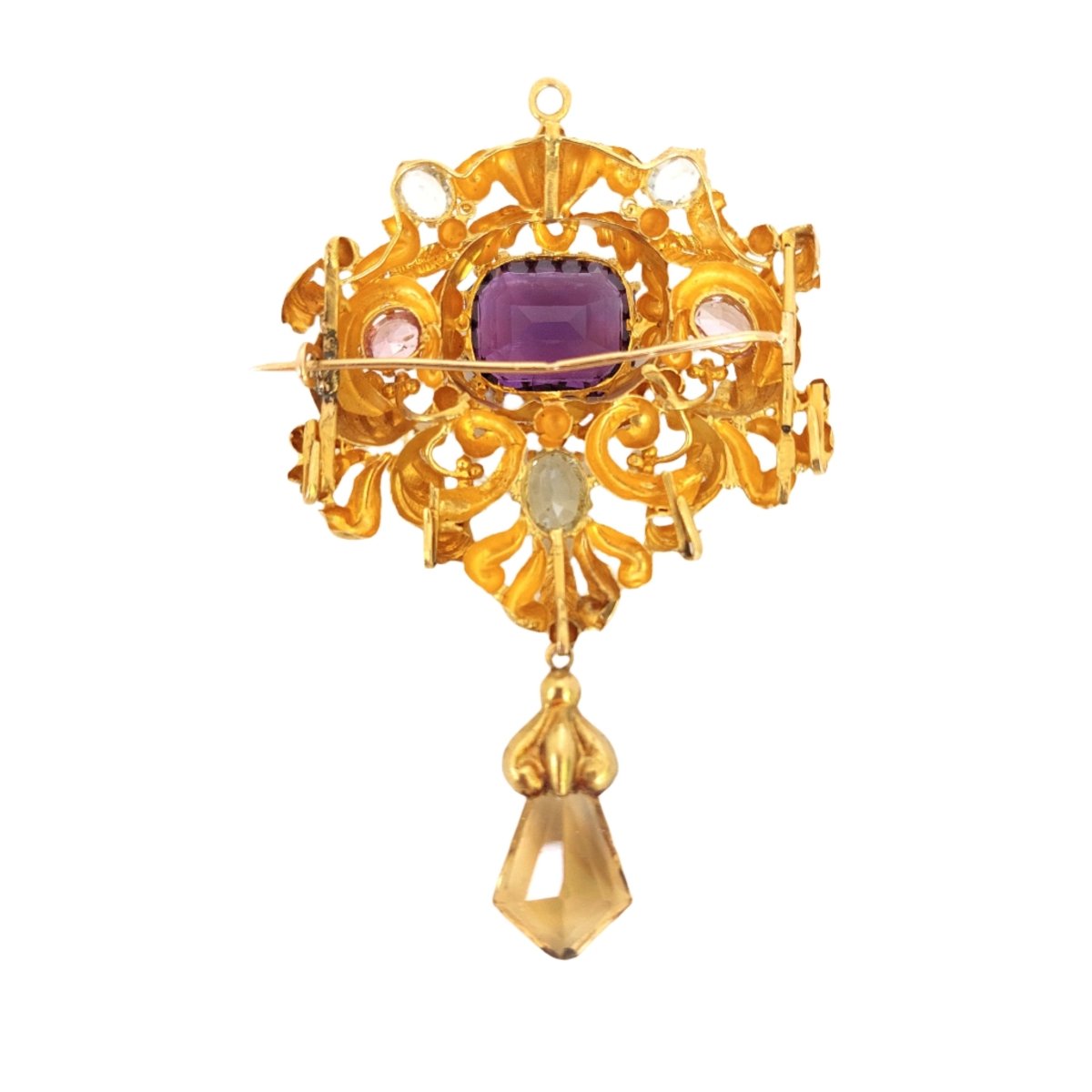 Broche en or jaune, améthyste, aigues - marines et citrine - Castafiore