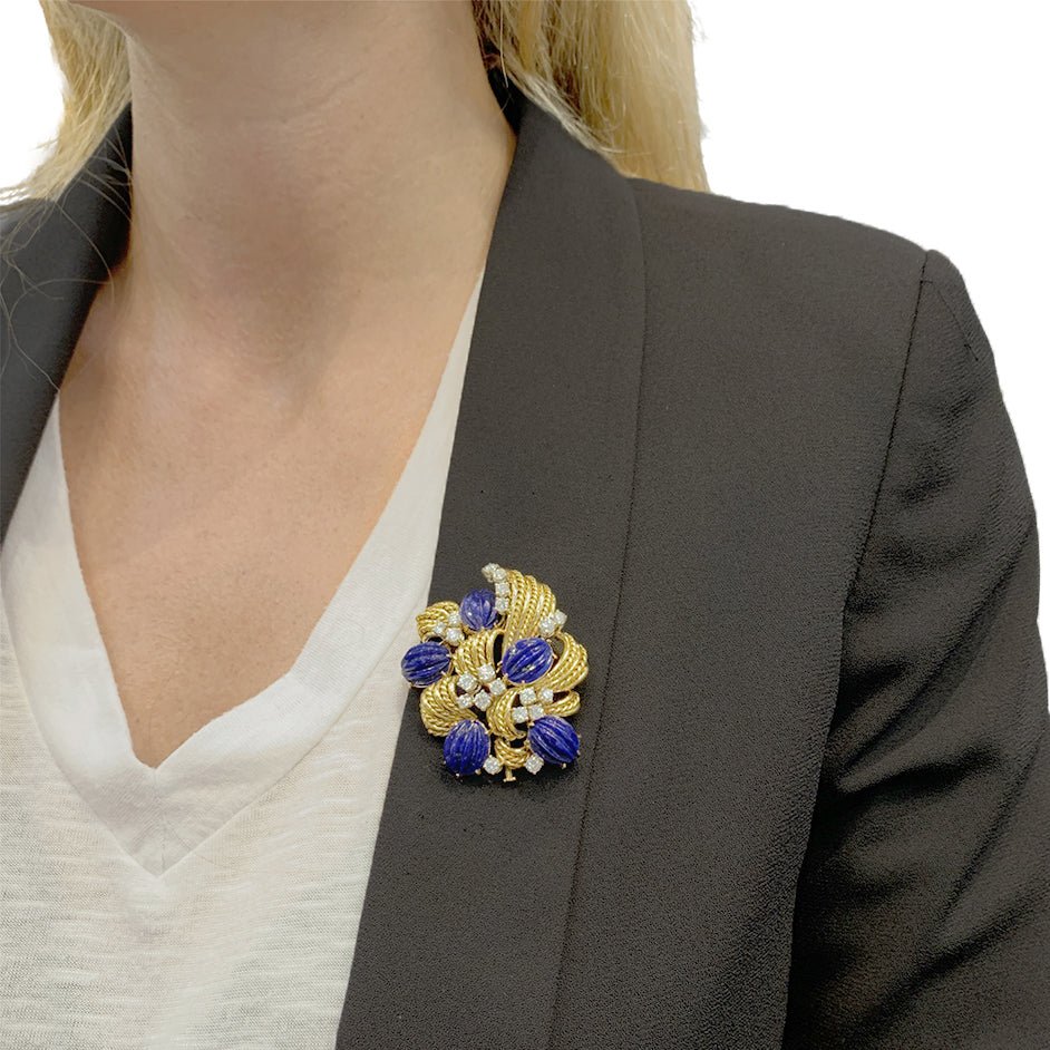 Broche en or jaune, lapis lazuli et diamants - Castafiore