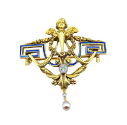 Broche en or jaune, perle et diamant - Castafiore