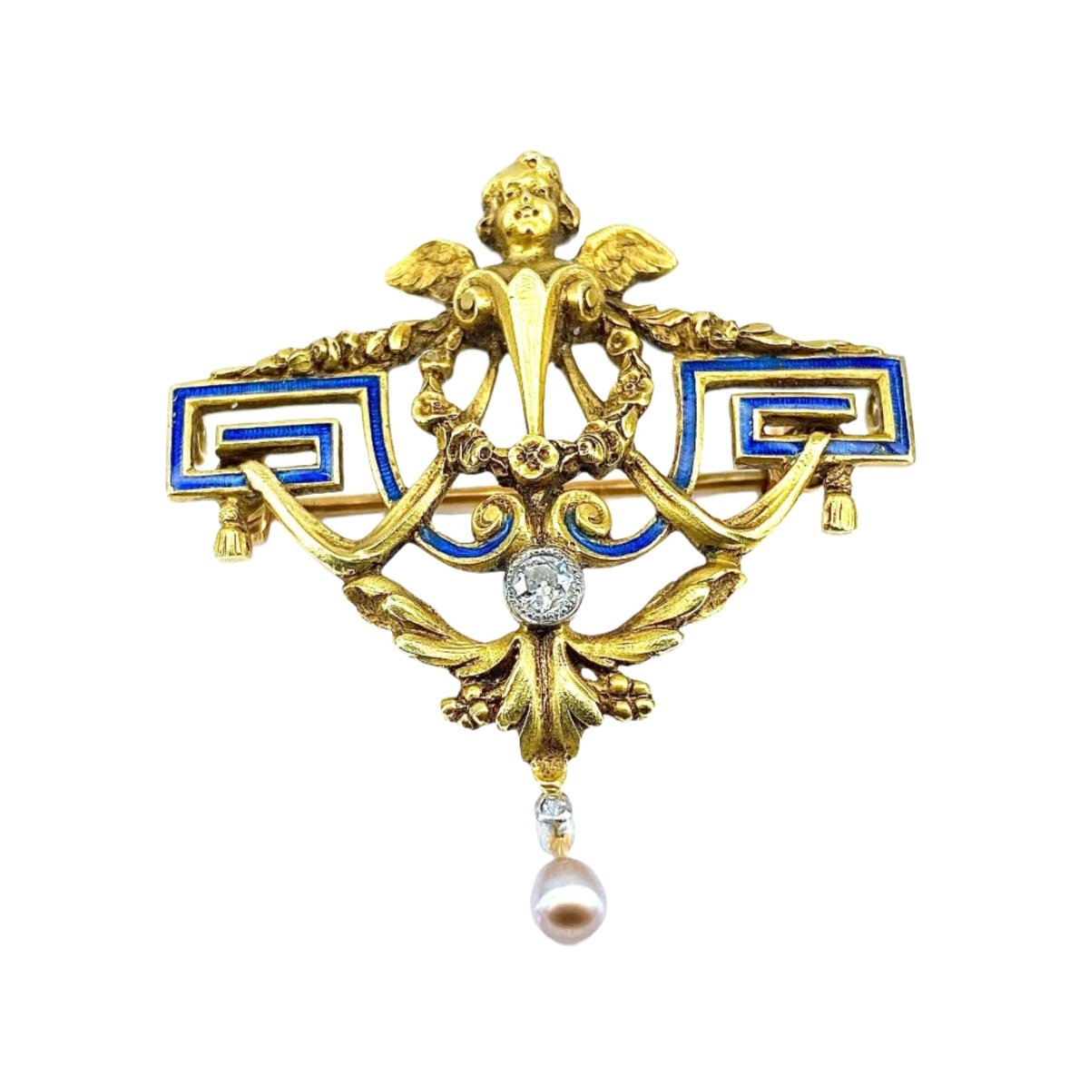 Broche en or jaune, perle et diamant - Castafiore