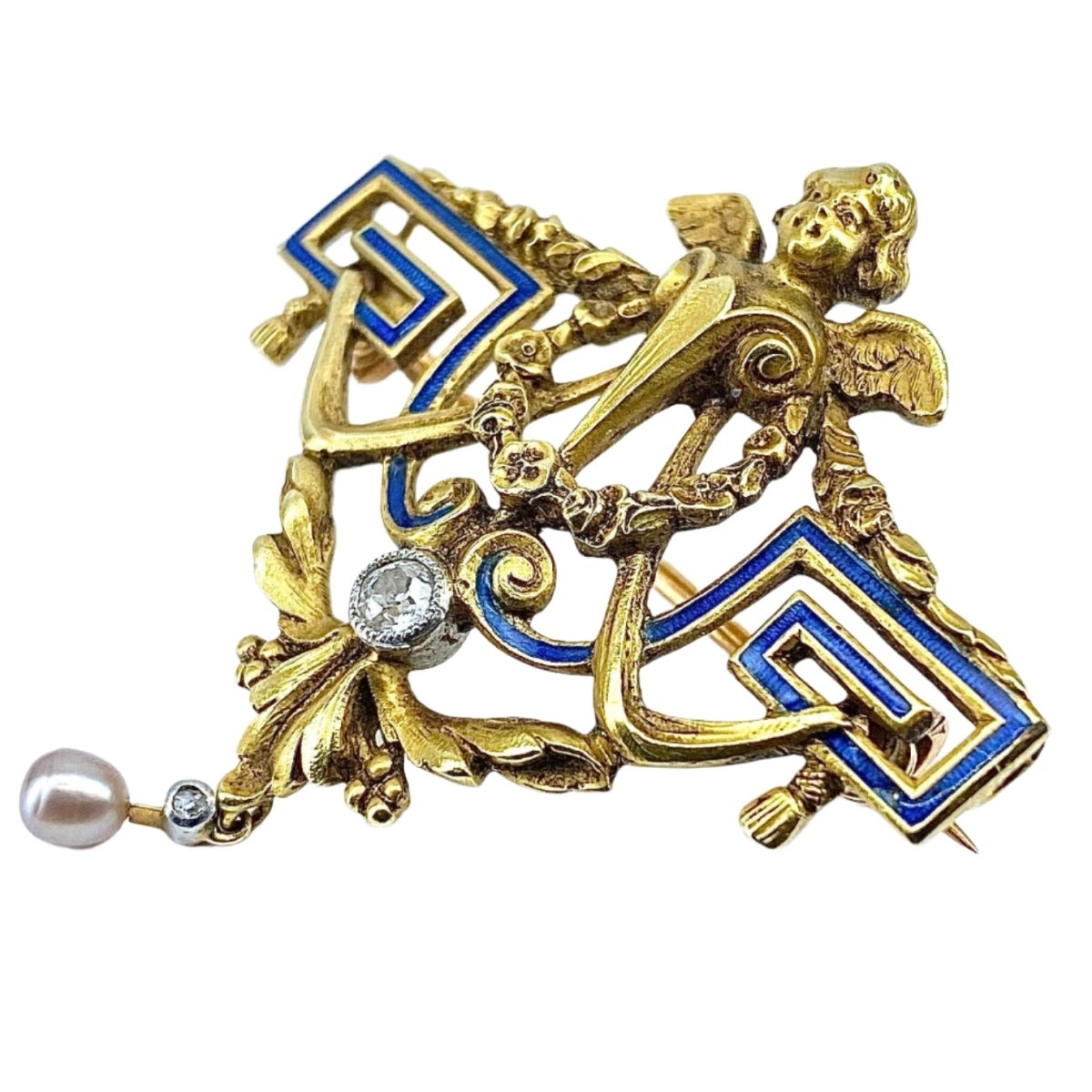 Broche en or jaune, perle et diamant - Castafiore