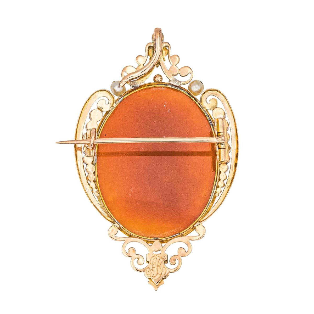 Broche en or rose, camée, agate et perles - Castafiore