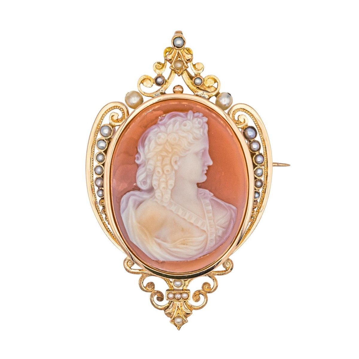 Broche en or rose, camée, agate et perles - Castafiore