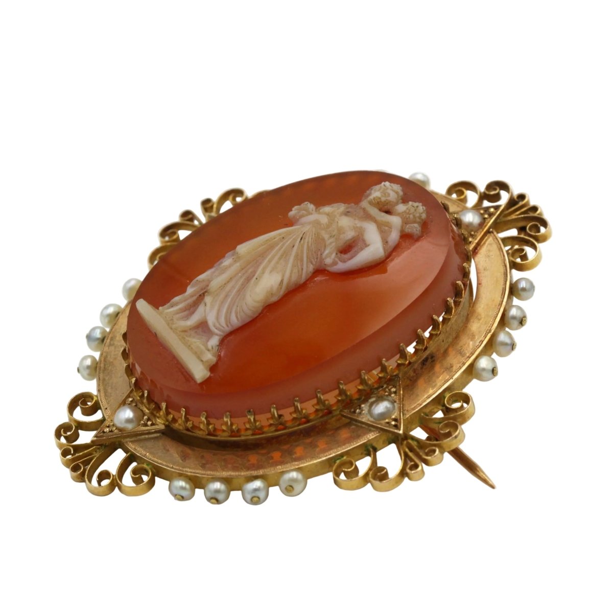 Broche Épignle en or jaune, agate et perles - Castafiore