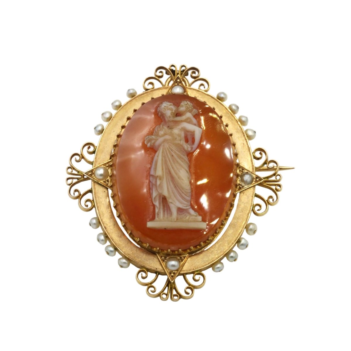 Broche Épignle en or jaune, agate et perles - Castafiore