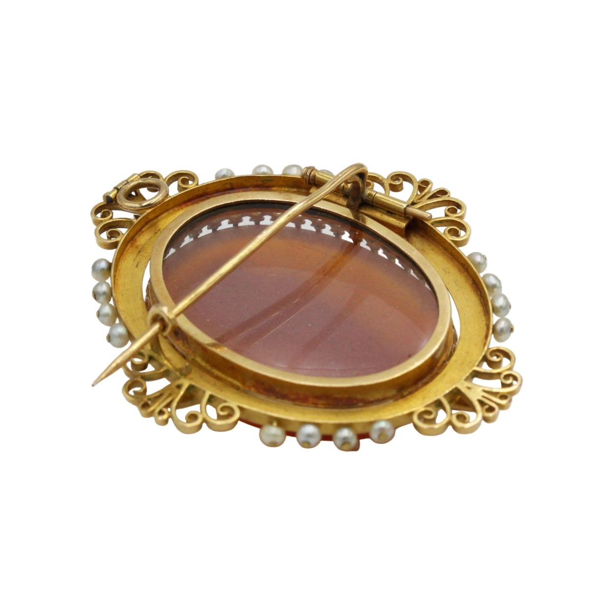 Broche Épignle en or jaune, agate et perles - Castafiore