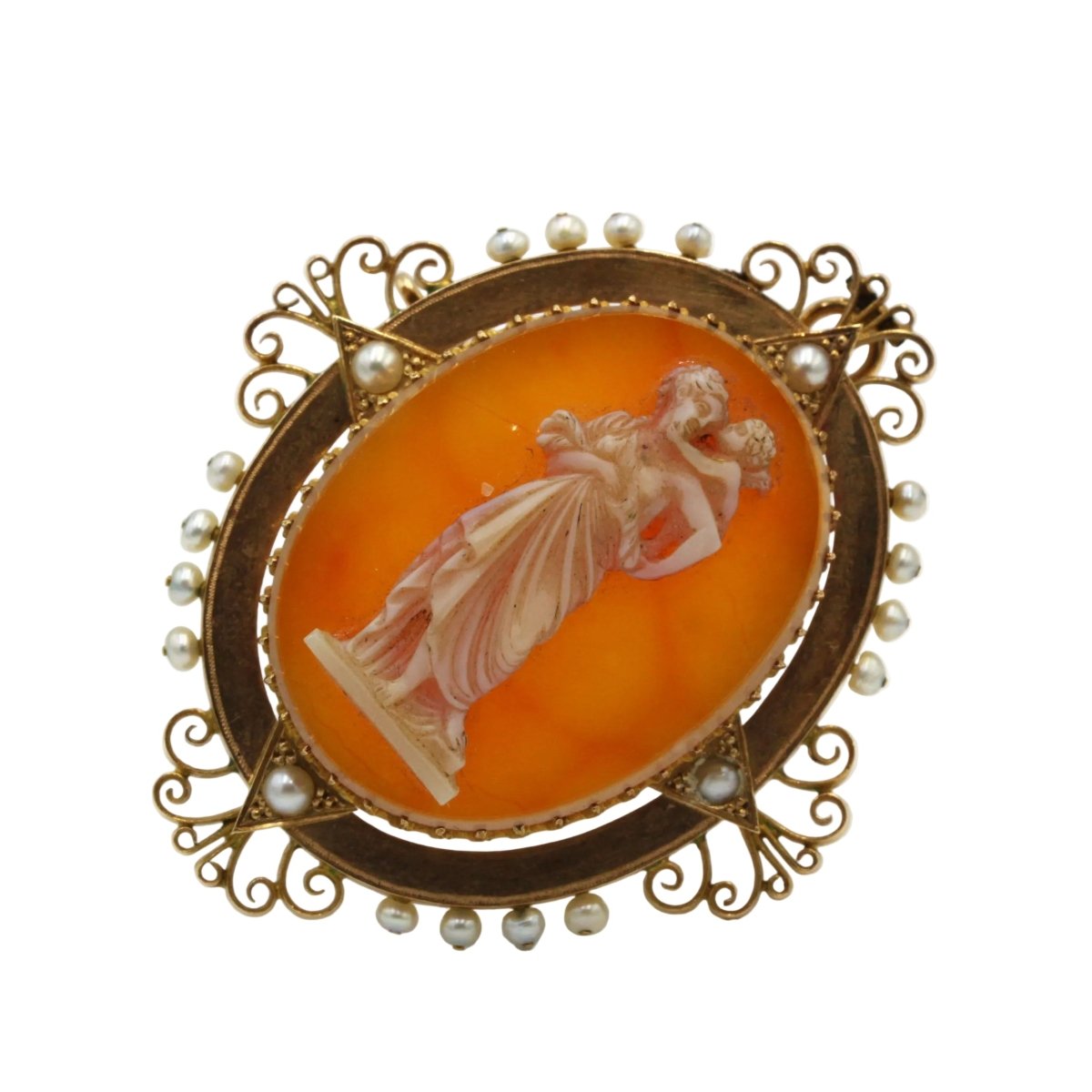 Broche Épignle en or jaune, agate et perles - Castafiore