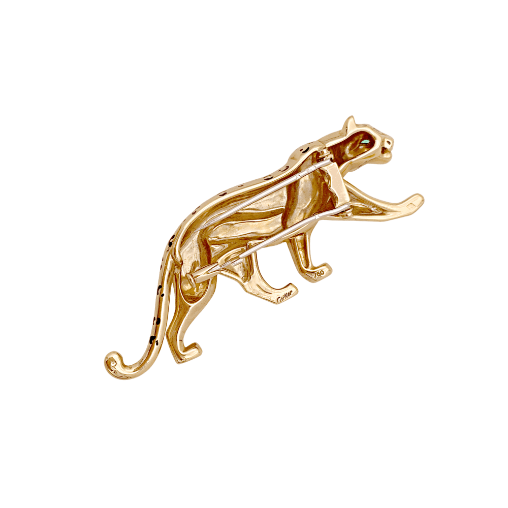 Broche Épingle CARTIER en or jaune, émail et émeraudes - Castafiore