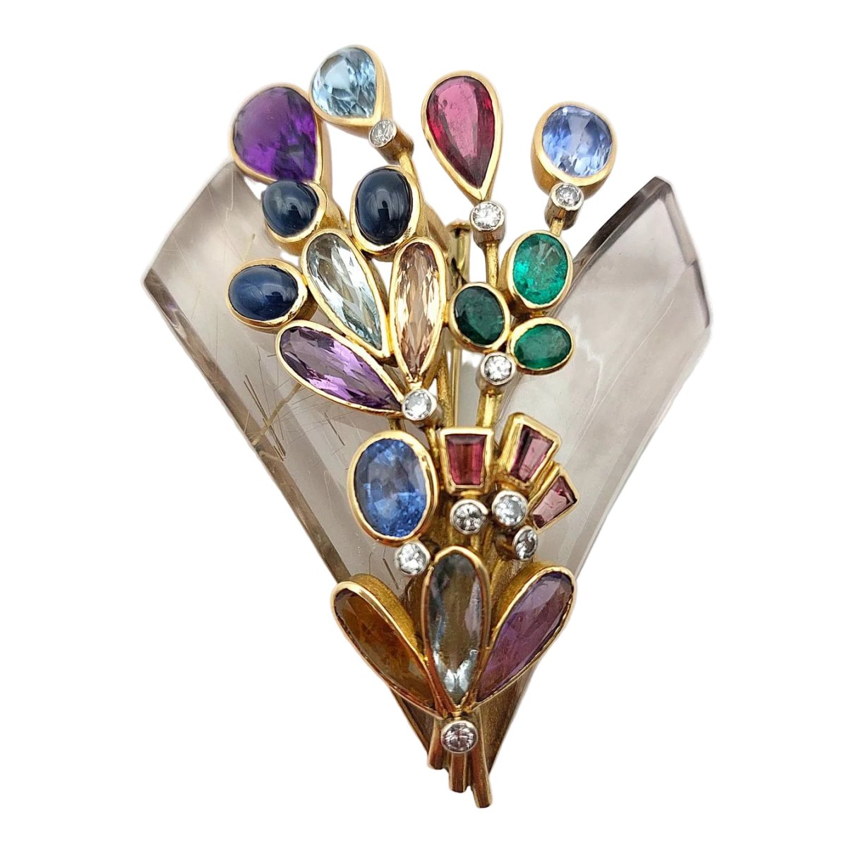 Broche Épingle en or blanc, or jaune, cristal de roche, émeraudes, saphirs, aigues-marines, citrines, améthystes et tourmalines - Castafiore
