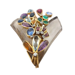 Broche Épingle en or blanc, or jaune, cristal de roche, émeraudes, saphirs, aigues-marines, citrines, améthystes et tourmalines - Castafiore