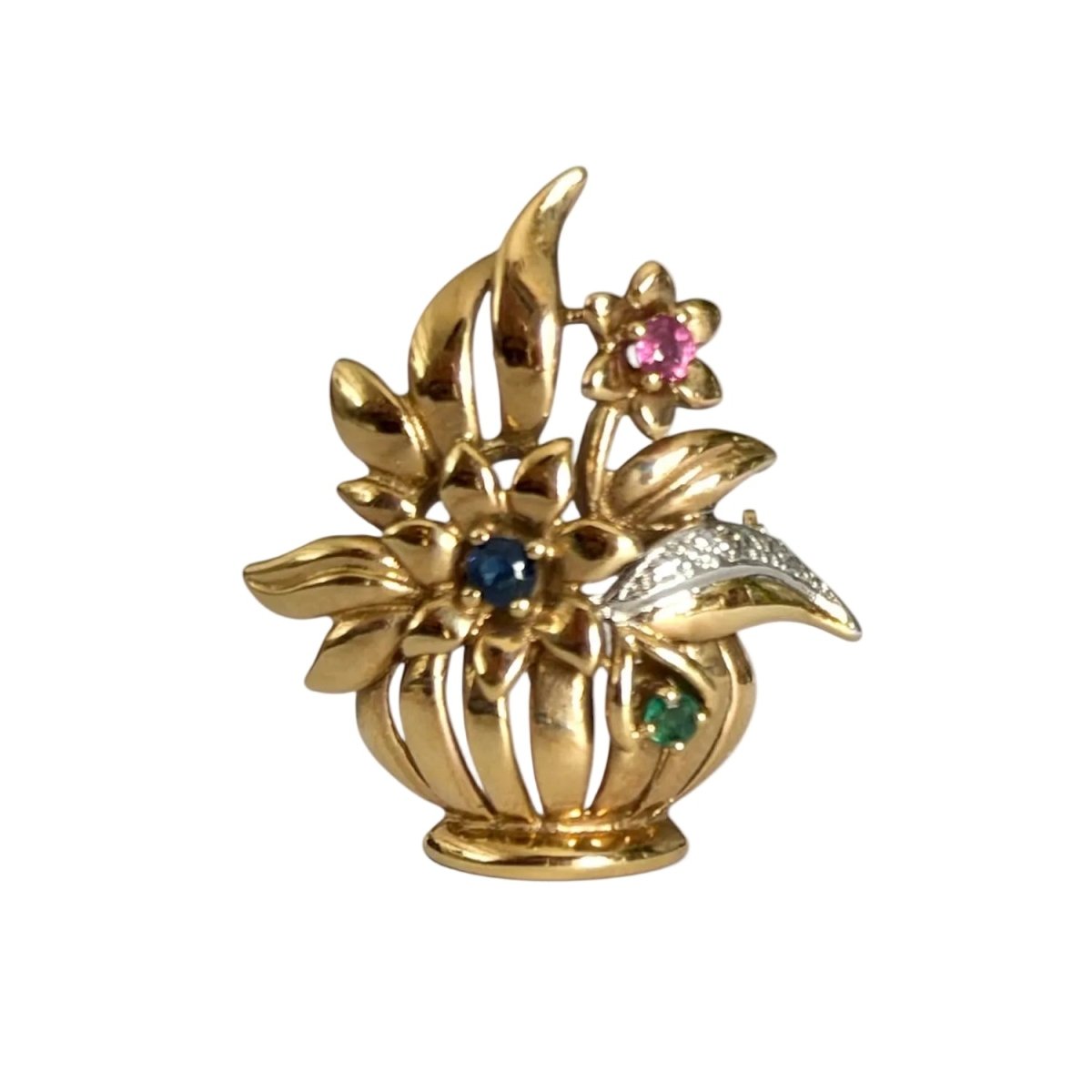 Broche Épingle en or blanc, or jaune, émeraude, saphir, rubis et diamants - Castafiore