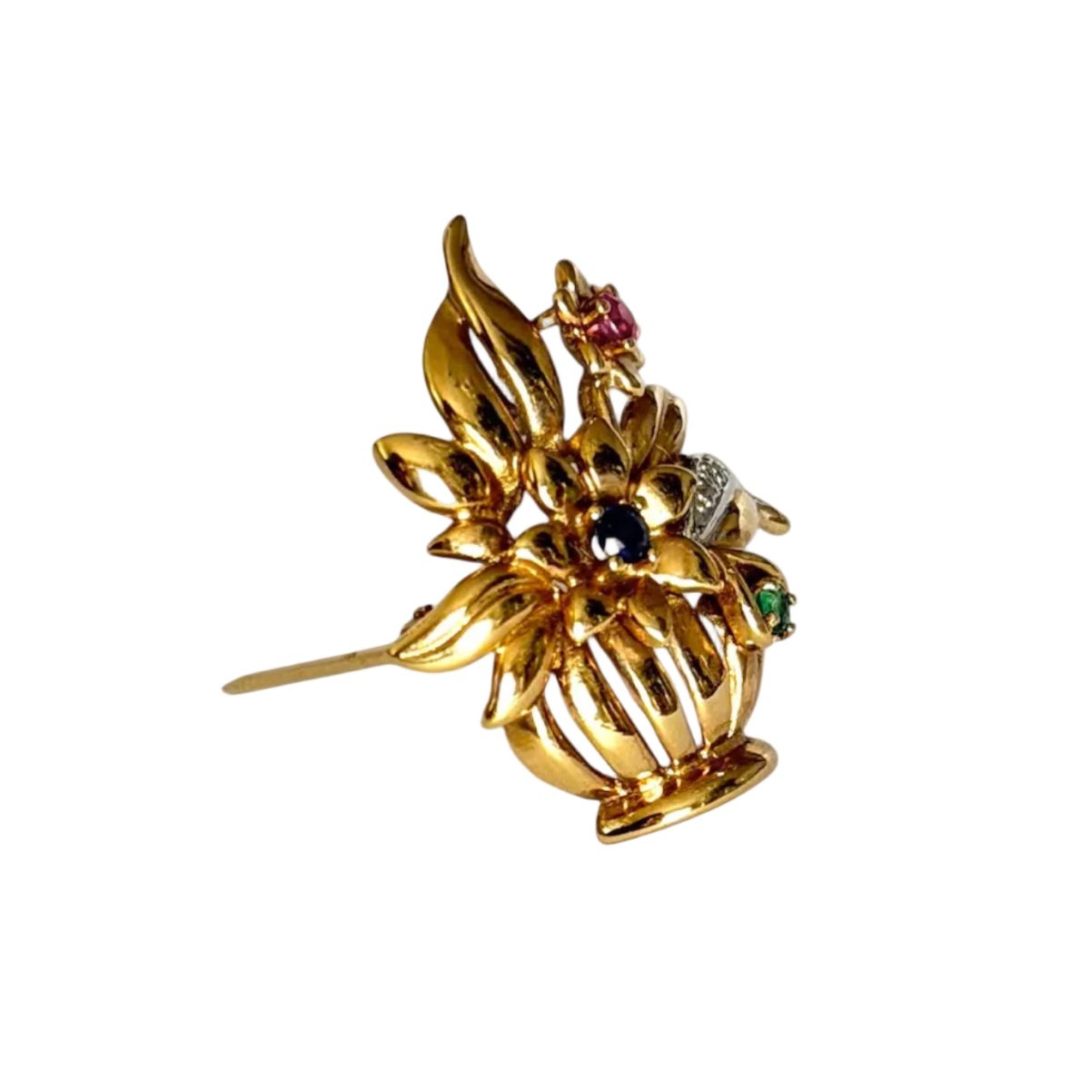 Broche Épingle en or blanc, or jaune, émeraude, saphir, rubis et diamants - Castafiore