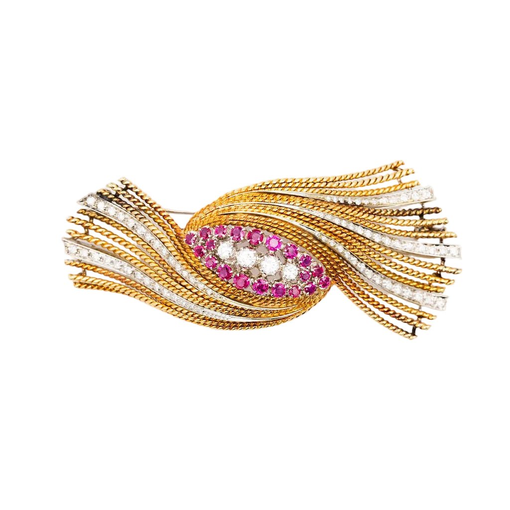 Broche Épingle en or blanc, or jaune, rubis et diamants - Castafiore